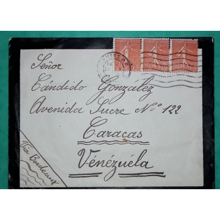 N°199 x3 SEMEUSE LETTRE NANTES TARIF 1F50 POUR L'ETRANGER CARACAS VENEZUELA 1929 COVER FRANCE