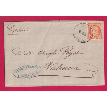 N°38 CAD ESPAGNOLE BARCELONA ADMON DE CAMBIO MARSEILLE 1875 POUR VALENCIA ESPAGNE