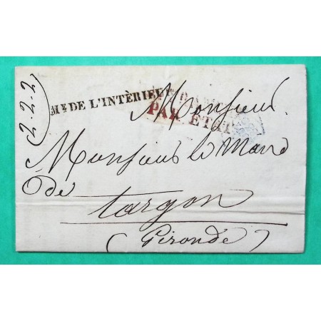 MARQUE MINISTERE DE L'INTERIEUR AFFRANCHI PAR ETAT PREFET DE POLICE NOURRICE POUR TARGON GIRONDE 1830