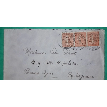 N°199 x3 SEMEUSE LETTRE REMIREMONT VOSGES TARIF 1F50 POUR L'ETRANGER BUENOS AIRES ARGENTINE ARGENTINA 1928 COVER FRANCE
