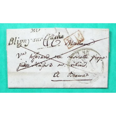 CURSIVE 20 BLIGNY SUR OUCHE COTE D'OR + CAD TYPE 12 BEAUNE DEPART GRANDMONT PP PORT PAYE 1832