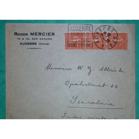 N°199 x3 SEMEUSE LETTRE AUXERRE TARIF 1F50 POUR L'ETRANGER SURABAYA JAVA INDES NEERLANDAISES NEDERLANDS INDIE 1928 COVER