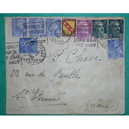 N°546 x5 +713 + 757 + 811 BEL AFFRANCHISSEMENT MIXTE MERCURE GANDON ARMOIRIES YSSINGEAUX HAUTE LOIRE 1949 COVER FRANCE