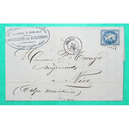 N°29 GC 221 AULNAT PUY DE DOME LETTRE SUCRERIE DU BOURDON POUR NICE ALPES MARITIMES 1869