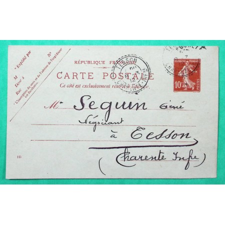 ENTIER 10C SEMEUSE CARTE POSTALE REPIQUEE COMPAGNIE DE SAINT GOBAIN CAD TYPE FB84 TESSON CHARENTE INFERIEURE 1912
