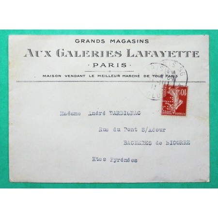 N°138 SEMEUSE PERFORE GL GALERIES LAFAYETTE PARIS POUR BAGNERES DE BIGORRE HAUTES PYRENEES 1911