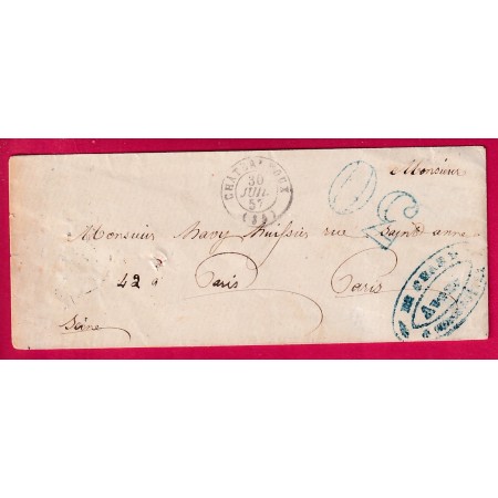 TAXE 30 TAMPON EN BLEU CHATEAUROUX INDRE 1857 POUR PARIS