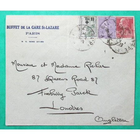 N°164 + 197 + 243 ORPHELINS DE GUERRE SURCHARGE SEMEUSE BERTHELOT PARIS BUFFET GARE ST LAZARE POUR LONDRES ANGLETERRE 1929