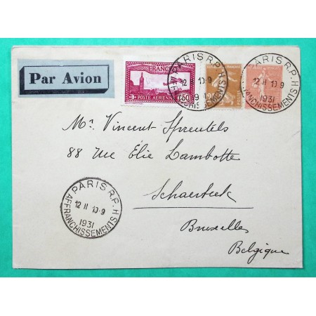 ENTIER 50C SEMEUSE LIGNEE + N°235 + PA N°5 LETTRE PAR AVION PARIS POUR BRUXELLES BELGIQUE 1931