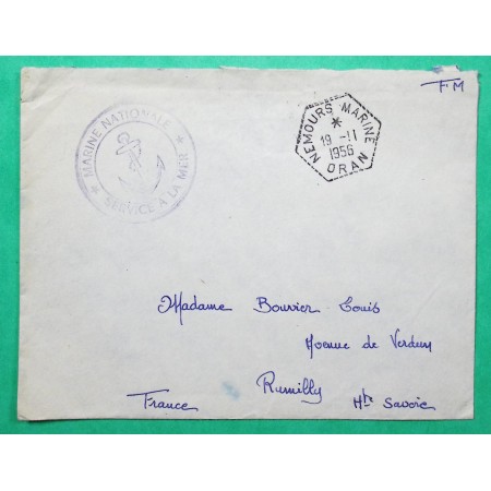 FRANCHISE MILITAIRE MARINE NATIONALE SERVICE A LA MER NEMOURS MARINE ORAN ALGERIE POUR RUMILLY HAUTE SAVOIE 1956