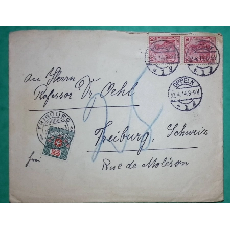 10 GERMANIA STAMPS OPPELN SWISS TAX 25C FOR FRIBURG SWITZERLAND SCHWEIZ 1914 COVER