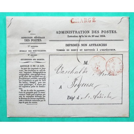 LETTRE PARIS CHARGEMENTS 60 ROUGE CHARGE D'OFFICE ADMINISTRATION DES POSTES POUR JOYEUSE ARDECHE 1854