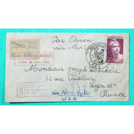 N°732 50F MARIANNE DE GANDON RECOMMANDE JOURNEE DU TIMBRE LYON VIGNETTE PROPAGANDE AERIENNE POUR NEW YORK ETATS UNIS 1946