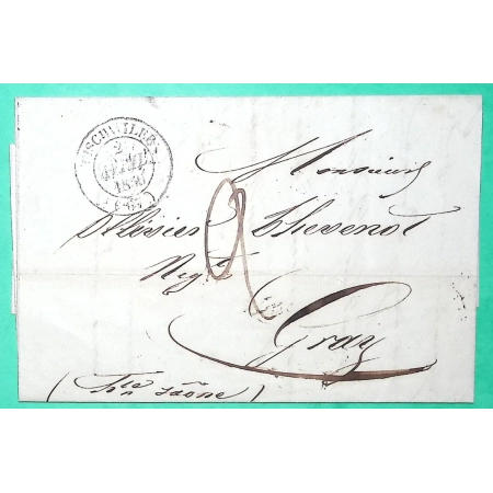 CAD TYPE 14 BISCHWILLER BAS RHIN POUR GRAY HAUTE SAONE 1850 TAXE 2 LETTRE COVER FRANCE
