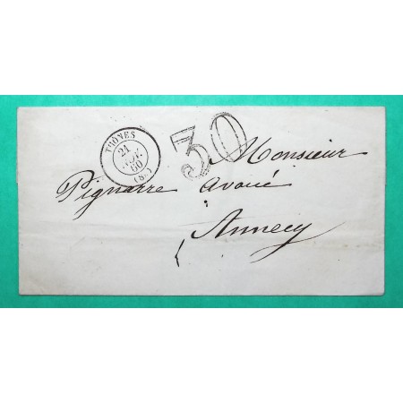 CAD TYPE 15 THONES HAUTE SAVOIE POUR ANNECY TAXE 30 21 NOVEMBRE 1860