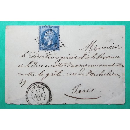 N°22 GC 3414 CAD TYPE 22 SIMORRE GERS POUR PARIS 1867