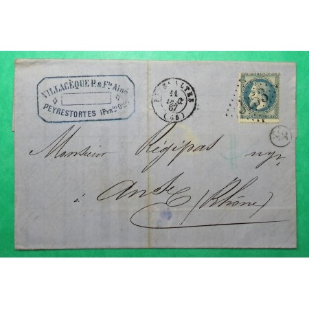 N°29 GC 3153 RIVESALTES PYRENEES ORIENTALES OR ORIGINE RURALE PEYRESTORTES POUR ANSE RHONE 1867