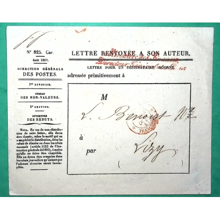 FRANCHISE MINISTERE DES FINANCES DIRECTEUR GENERAL DES POSTES LETTRE RENVOYEE A SON AUTEUR CAD PARIS FRANCHISE ROUGE
