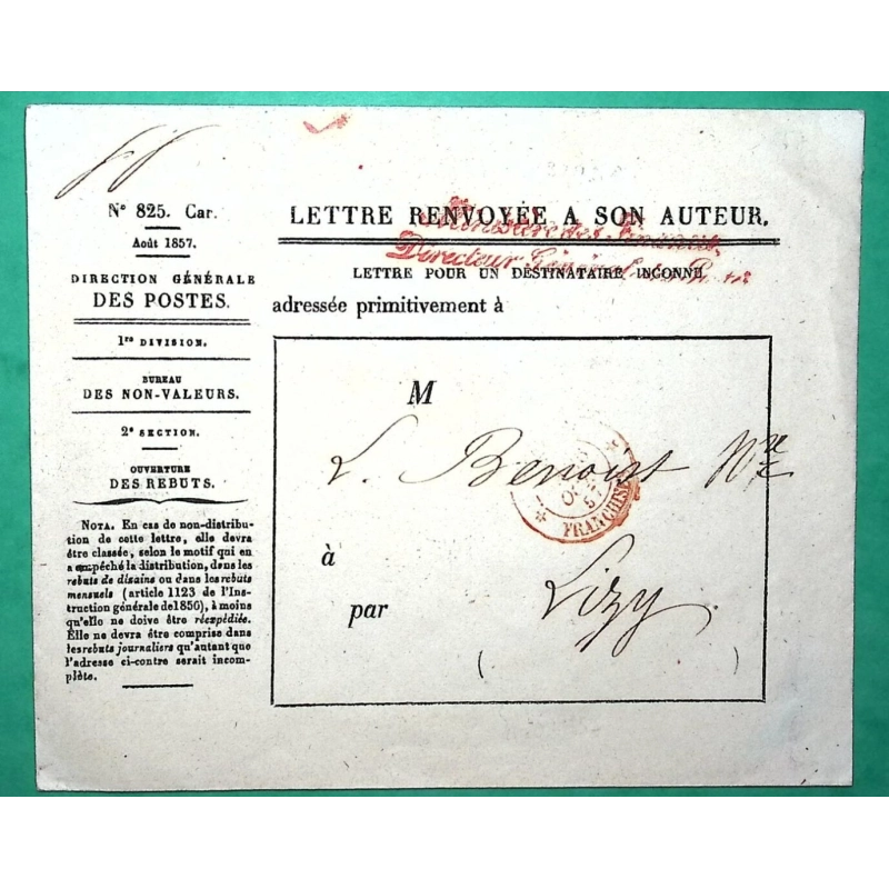 FRANCHISE MINISTERE DES FINANCES DIRECTEUR GENERAL DES POSTES LETTRE RENVOYEE A SON AUTEUR CAD PARIS FRANCHISE ROUGE