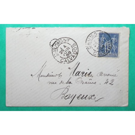 N°90 SAGE CAD TYPE A CAUMONT CALVADOS BOITE RURALE F ST GERMAIN D'ECTOT POUR BAYEUX 1889