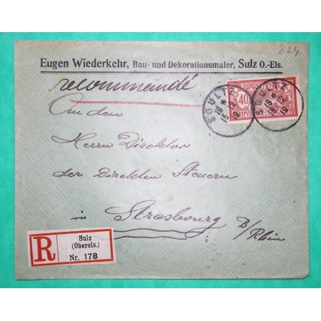 N°119 MERSON RECOMMANDE SOULTZ ALSACE LORRAINE ETIQUETTE ALLEMANDE POUR STRASBOURG 1919