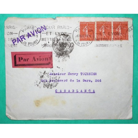 N°199 x3 SEMEUSE LETTRE PAR AVION PARIS POUR CASABLANCA MAROC 1927