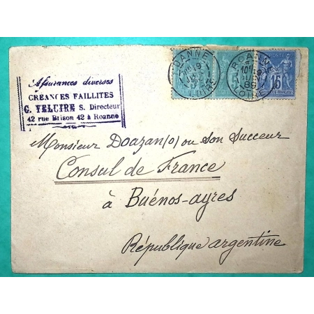 N°75 x2 + 90 SAGE LETTRE ROANNE LOIRE POUR BUENOS AIRES ARGENTINE ARGENTINA 1889 COVER FRANCE