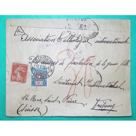 N°138 SEMEUSE + TAXE SUISSE 30C LETTRE CASTELLANNE BASSE ALPES POUR FRIBOURG SUISSE CENSURE 1916 WW1