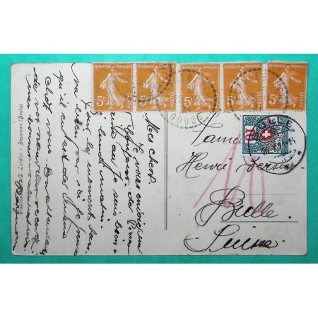 N°158 x5 SEMEUSE CARTE POSTALE FLANGEBOUCHE DOUBS + TAXE SUISSE 10C POUR BULLE 1921