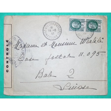 N°518 x2 PETAIN BERSIER LETTRE ST VALLIER ENTREPOT DROME POUR BALE SUISSE CENSURE 1944 WW2