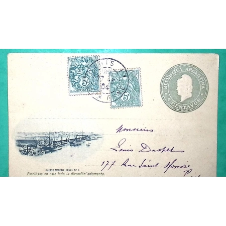 N°111 x2 BLANC TARIF 10C CARTE POSTALE SUR ENTIER ARGENTINE 4 CENTAVOS POUR PARIS 1904 LETTRE COVER FRANCE