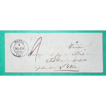 CAD TYPE 14 MATHA CHARENTE INFERIEURE POUR CHATILLON DE MICHAILLE AIN TAXE 2 MANUSCRITE 1850