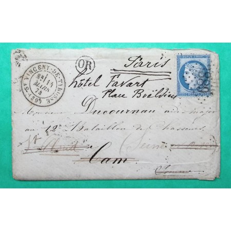 N°60B TYPE II GC 3889 ST VINCENT DE TYROSSE LANDES OR ORIGINE RURALE POUR ST CLOUD REEXP HAM SOMME PUIS PARIS 1874