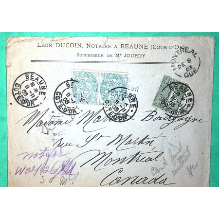 N°111 x2 + 130 MIXTE BLANC SEMEUSE LETTRE BEAUNE COTE D'OR POUR MONTREAL CANADA 1903 COVER FRANCE