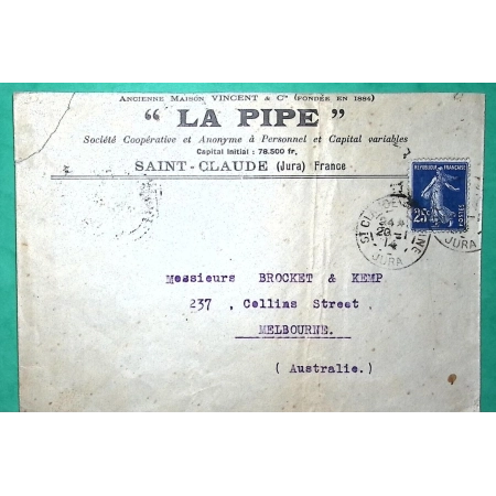N°140 BLEU FONCE SEMEUSE BELLE ENVELOPPE PUB LA PIPE ST CLAUDE JURA POUR MELBOURNE AUSTRALIE AUSTRALIA 1914 COVER FRANCE