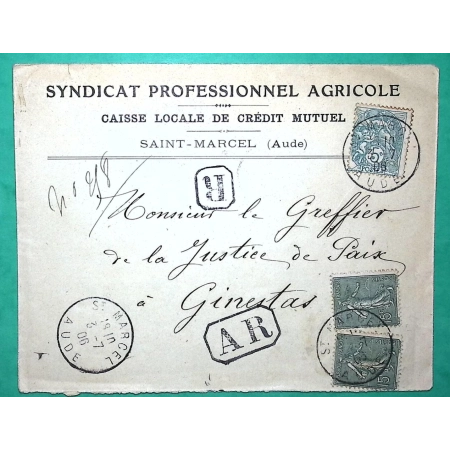 N°111 + 130 x2 MIXTE BLANC SEMEUSE RECOMMANDE ST MARCEL AUDE POUR GINESTAS 1906 LETTRE COVER FRANCE