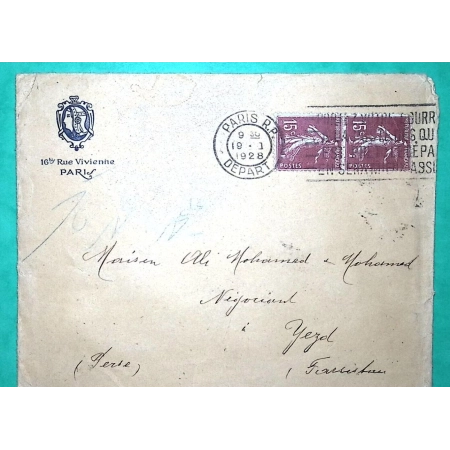 N°189 x2 SEMEUSE LETTRE PARIS POUR YADZ PERSE IRAN 1928 LETTRE COVER FRANCE