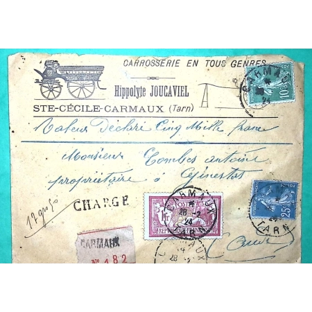N°121 + 140 + 159 MIXTE MERSON SEMEUSE BELLE LETTRE CHARGE CARROSSERIE VOITURE STE CECILE CARMAUX TARN 1924 COVER FRANCE