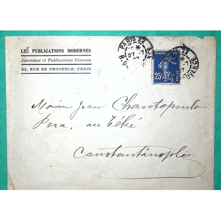 N°140 BLEU FONCE SEMEUSE LETTRE PARIS POUR CONSTANTINOPLE TURQUIE TURKEY 1907 LETTRE COVER FRANCE