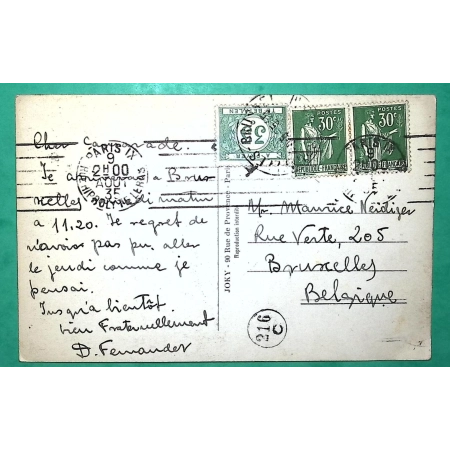 N°280 x2 PAIX + TAXE BELGE 35C CARTE POSTALE PARIS POUR BRUXELLES BELGIQUE 1935 LETTRE COVER FRANCE