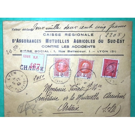 N°514 + 521 x2 PETAIN HOURRIEZ BERSIER BELLE LETTRE CHARGE LYON POUR ARTAIX SAONE ET LOIRE 1943 COVER FRANCE