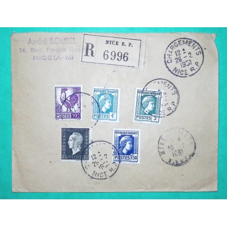 N°639 + 642 + 643 + 646 + 696 + 751 + 754 + 873 + 875 BEL AFFRANCHISSEMENT RECOMMANDE COQ MARIANNE ALGER DULAC NICE 1951