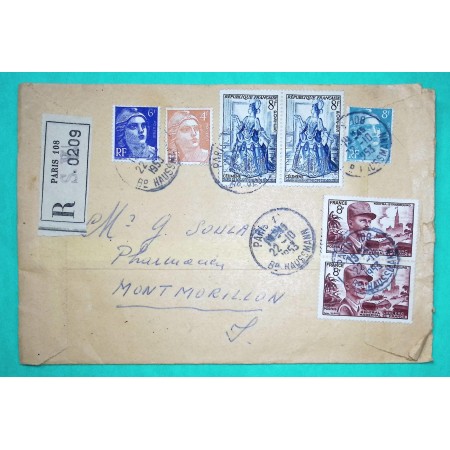 N°720 + 808 + 810 + 942 x2 + 956 x2 MARIANNE GANDON LECLERC CELIMENE RECOMMANDE PARIS THIAUDE 1953