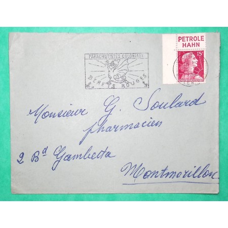 N°1011 MARIANNE MULLER BANDE PUBLICITAIRE PETROLE HAHN OBLITERATION MECANIQUE PARUCHUTISTES COLONIAUX BERETS ROUGES 1956