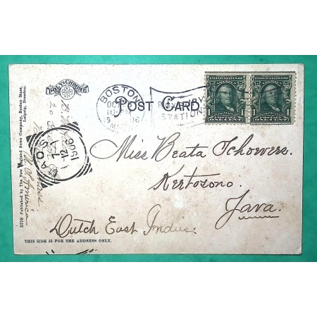BENJAMIN FRANKLIN STAMPS 1 CENT POST CARD BOSTON USA AMERICA FOR JAVA DUTCH EAST INDIES 1906