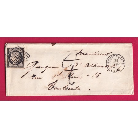 N°3 GRILLE MONTPELLIER HERAULT TAXE TAMPN 2 ANNULEE POUR TOULOUSE 1849 HAUTE GARONNE