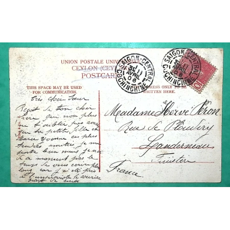 10C INDOCHINE CAD SAIGON CENTRAL COCHINCHINE CARTE POSTALE POUR LANDERNEAU FINISTERE 1906 LETTRE COVER FRANCE