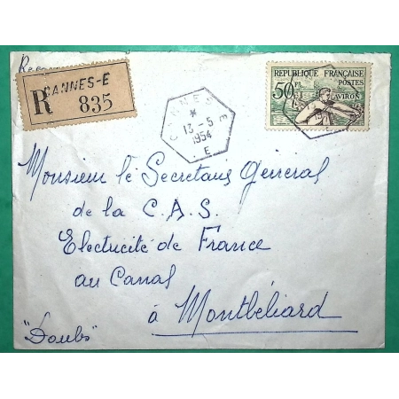 N°964 50F AVIRON RECOMMANDE CAD RECETTES AUXILIAIRES CANNES ALPES MARITIMES POUR MONTBELIARD DOUBS 1954 COVER FRANCE