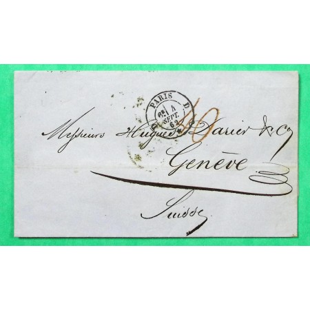 LETTRE PARIS BUREAU D POUR GENEVE SUISSE TAXE TAMPON ROUGE 40 SUISSE 1862