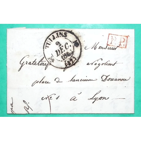 CAD TYPE 12 TULLINS ISERE PP PORT PAYE POUR LYON RHONE 1845 LETTRE COVER FRANCE